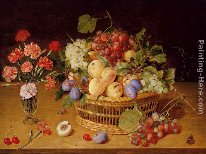 A Still Life Of A Vase Of Carnations To The Left Of A Basket Of Fruit painting - Gerrit van Honthorst A Still Life Of A Vase Of Carnations To The Left Of A Basket Of Fruit art painting
